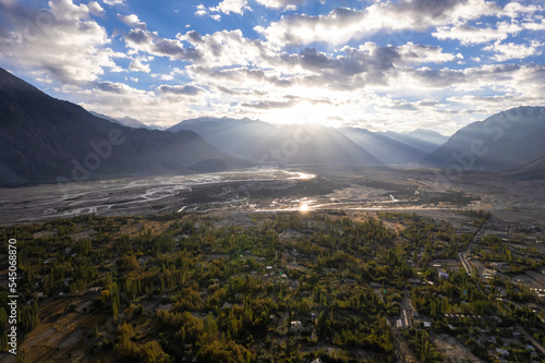 aerial view of Hunder village in Himalayas in the morning, background in Nubra Valley, Ladakh, India. photo