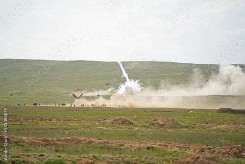 Almaty  Kazakhstan - 04.14.2022   The active phase of military exercises with explosions at the landfill.