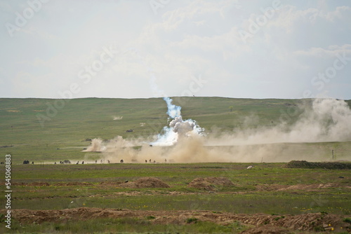 Almaty, Kazakhstan - 04.14.2022 : The active phase of military exercises with explosions at the landfill.