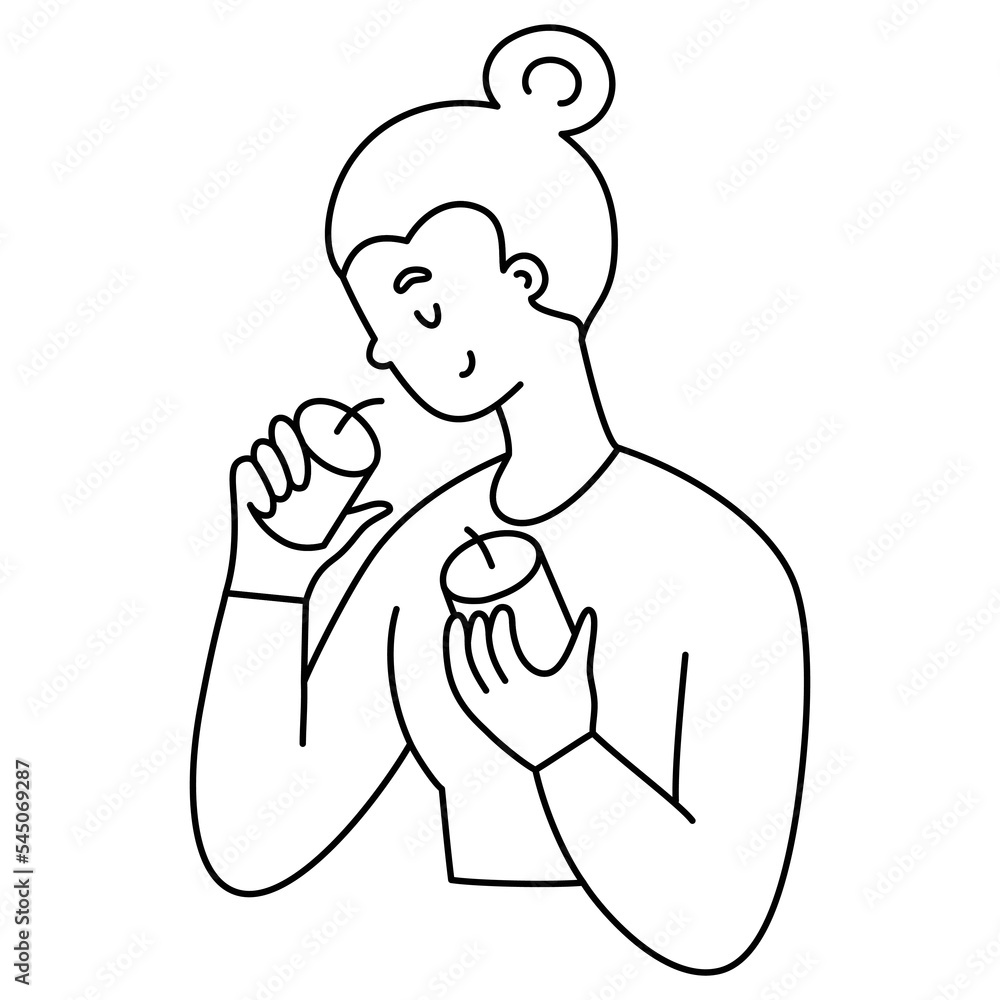 Woman smelling candles, scented candle icon, vector doodle illustration of home decor and scents, decorating home and choosing gift, isolated outline clipart on white background Woman smelling candles, scented candle icon, vector doodle illustration of home decor and scents, decorating home and choosing gift, isolated outline clipart on white background