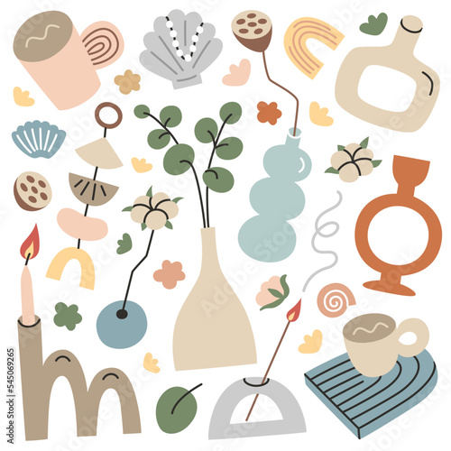 Trendy ceramic home decor collection, hand drawn modern pottery, doodle icons of vases, holders, cups, arch and donut shapes, vector illustrations of dried flowers and wall hangings, isolated colored 