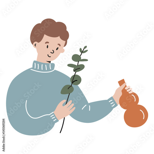 Male cartoon character decorating home, putting eucalyptus leaves in vase, bubble vase icon, flower arrangement, vector doodle illustration of home decor, isolated colored clipart on white background