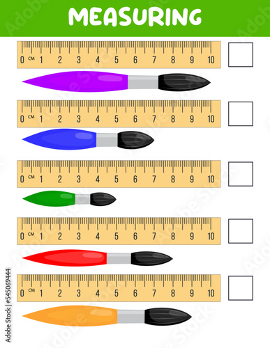 Measuring length  with ruler. Education developing worksheet. Game for kids.Vector illustration. practice sheets.Brush measurement in centimeters