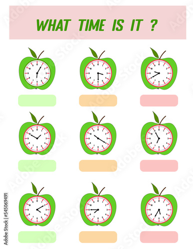 What time is it. Learning time on the clock. Educational activity worksheet for kids and toddlers. Preschool game. Puzzle with clock .   Education Game for Children.
