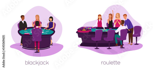 People play blackjack and roulette game vector set. Casino, gaming house flat illustration. Happy people characters. Casino interior decor. Gambling industry. For design casino web sites.