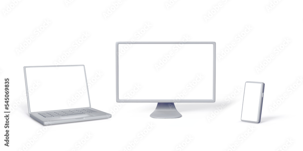Set of 3D silver computer devices for banner design. Mock up of laptop, PC monitor, smartphone with empty white screen Set of 3D silver computer devices for banner design. Mock up of laptop, PC monitor, smartphone with empty white screen