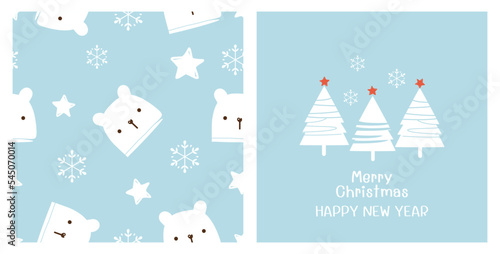 Seamless pattern with little bear cartoons, snowflakes and stars on blue background, Christmas tree with hand written fonts vector.