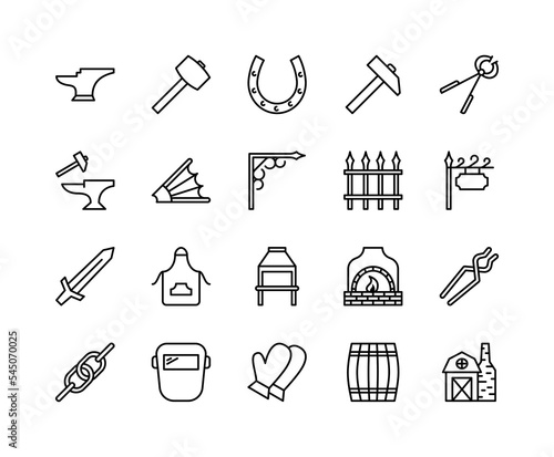 Blacksmith flat line icons set. Metal work sign - anvil, forge hammer, horseshoe, chain, forging furnace. Simple flat vector illustration for store, web site or mobile app.