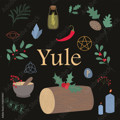 Yule celebration set with log, bottle, pounder and candles.