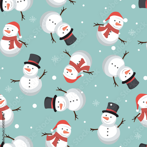 Seamless pattern with snowmen and snowflakes on teal background