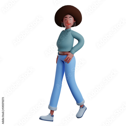 3D illustration. 3D Afro Girl character illustration with cute expression. walk with your hands on your hips. has cool thousand hair. 3D Cartoon Character