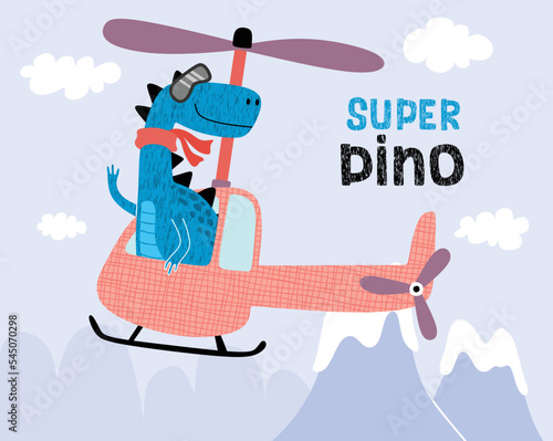 cute dinosaur on a plane.  Cartoon vector illustration.