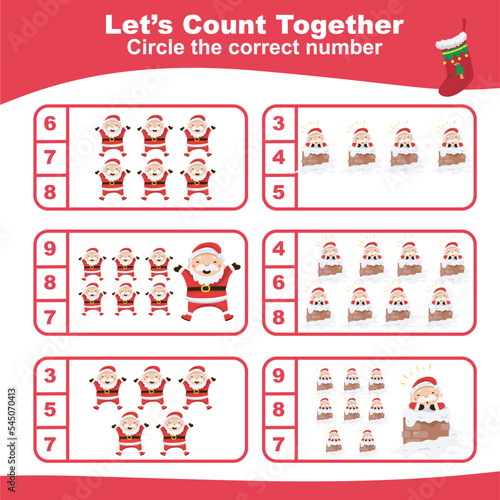 Counting game basic math with Christmas theme for kids. Let’s counting together worksheet. Educational printable math worksheet. Math game for children. Fun math for kids. Kawaii vector illustration