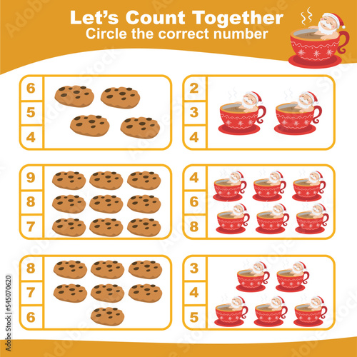 Counting game basic math with Christmas theme for kids. Let’s counting together worksheet. Educational printable math worksheet. Math game for children. Fun math for kids. Kawaii vector illustration