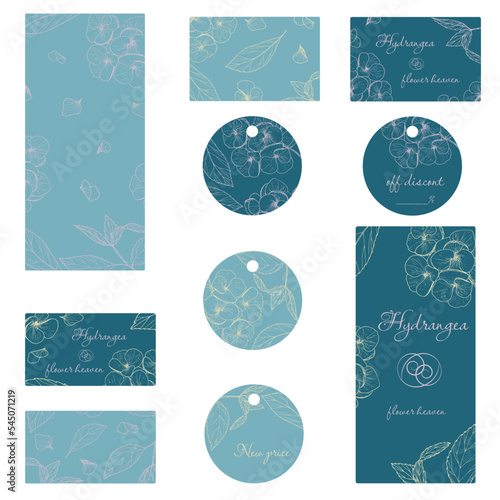 A set of business cards, flyers and tags with floral patterns in turquoise and mint tones. Vector.