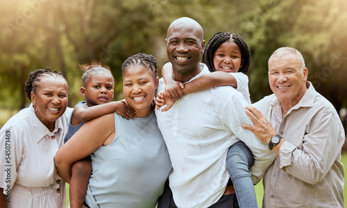 Black family, portrait or bonding in nature park, sustainability environment or countryside garden field in fun summer break. Smile, happy children or kids with mother, father and senior grandparents
