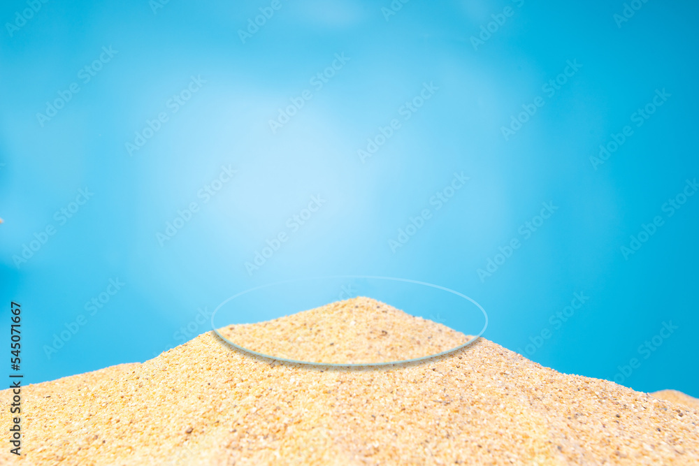 Podium on Sand dune pastel blue background. Concept scene stage showcase, for product, promotion, sale, banner, presentation, cosmetic and fashion. Minimal showcase mock up island tropical concept