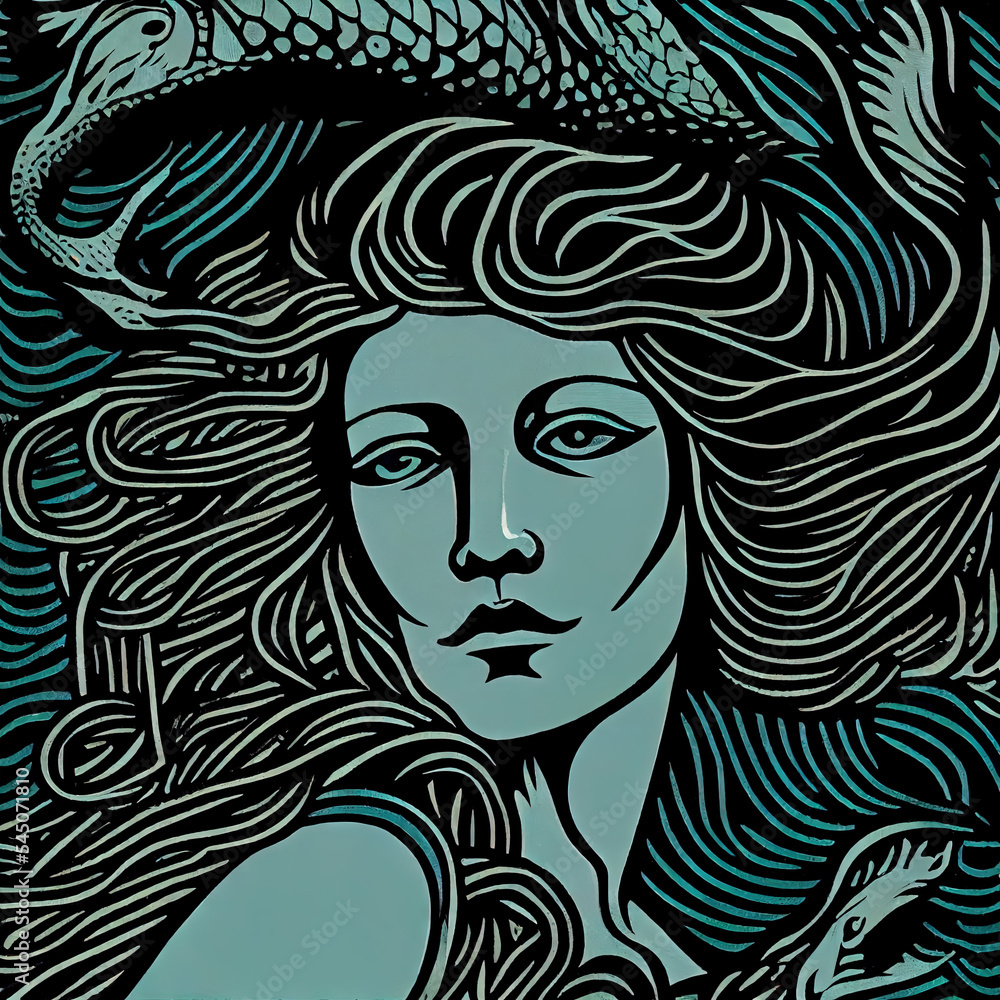Woodcut print of a beautiful mermaid Woodcut print of a beautiful mermaid