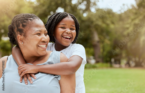 Photography Black family, nature and child hug mother while relax in grass field park for bonding, mockup and quality time together