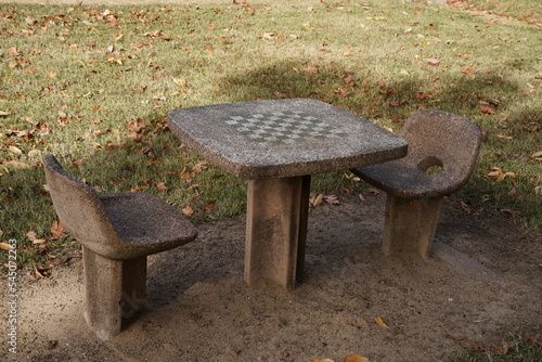 Outdoor concrete Chess and Checker board at Campground 