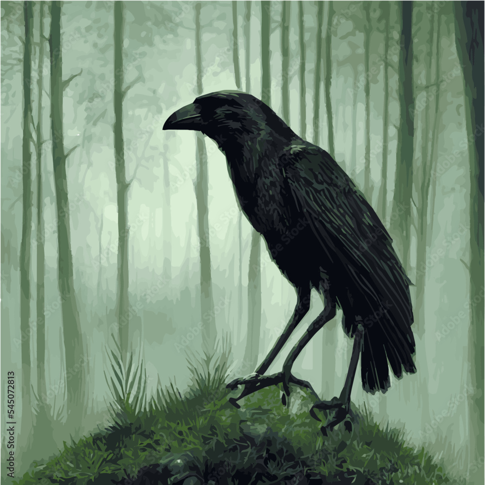 portrait Mystical Dire Bird Crow, Symbol of Gothic, Halloween, fear, by