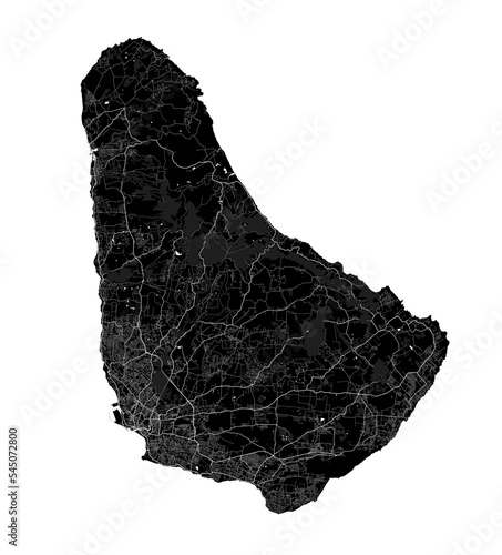 Black Barbados map, Caribbean island country. Detailed map with coastline, cities and roads.