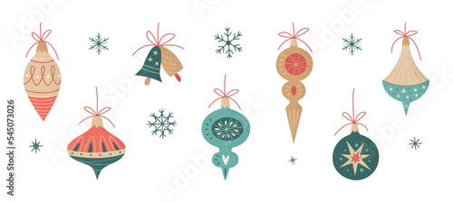 Set of Christmas decoration and snowflakes in Retro Style isolated on white. Mid century modern.  For Christmas web and graphic design