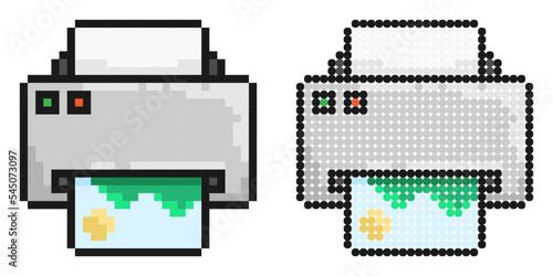 Pixel icon. Inkjet printer perspective front view. Printing documents in office using copiers. Simple retro game vector isolated on white background