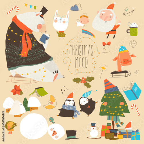 Cartoon Christmas Set with Cute Animals and Holiday Elements