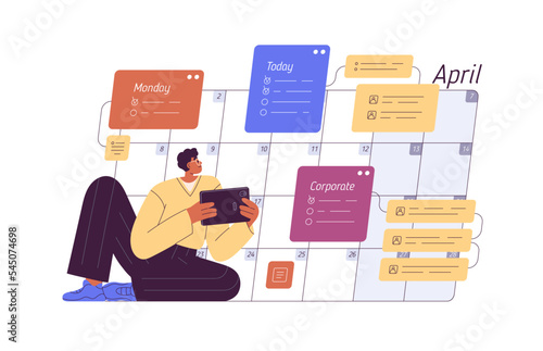 Time-management and planning concept. Man setting tasks, events in calendar. Person organizing schedule in online planner, organizer. Flat graphic vector illustration isolated on white background