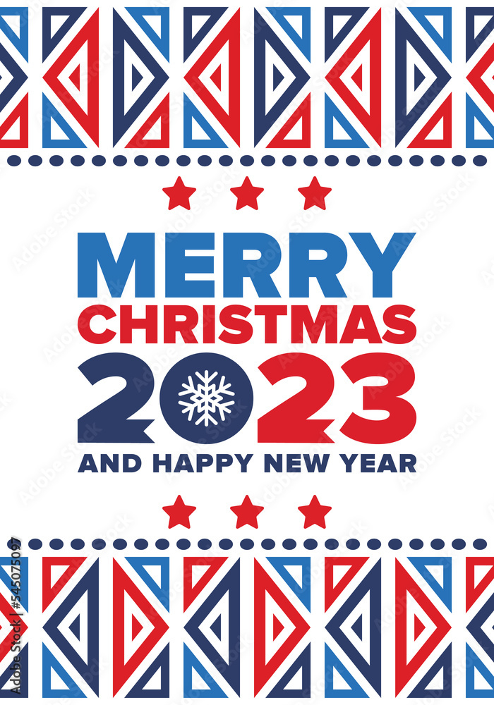 Merry Christmas and Happy New Year 2023. Magic holiday poster with snowflake. Winter celebration event. Christmas party. Congratulation card. Festive design template. Vector illustration Merry Christmas and Happy New Year 2023. Magic holiday poster with snowflake. Winter celebration event. Christmas party. Congratulation card. Festive design template. Vector illustration