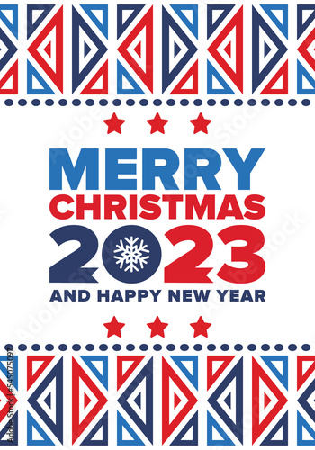 Merry Christmas and Happy New Year 2023. Magic holiday poster with snowflake. Winter celebration event. Christmas party. Congratulation card. Festive design template. Vector illustration