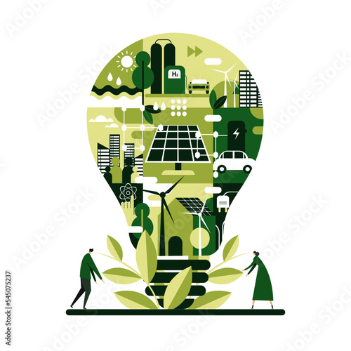 Illustration of a electric bulb filled with non conventional energy sources. Alternative energy concept