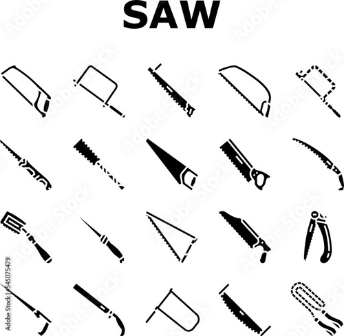 saw hand wood construction icons set vector. tool carpentry, handsaw blade, work manual, equipment sharp, metal carpenter, cut saw hand wood construction glyph pictogram Illustrations