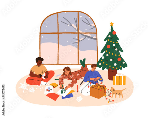 Children preparing for Christmas at home. Happy boys and girl during DIY preparations for winter holiday. Kids at Xmas, New Year eve. Flat graphic vector illustration isolated on white background