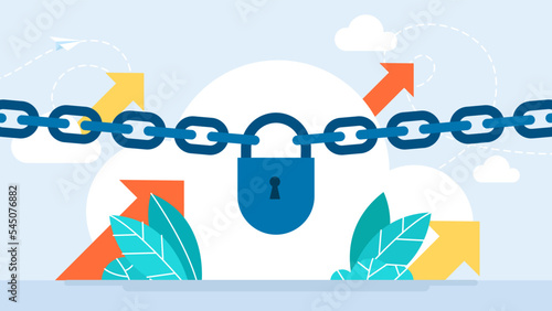 Silhouette chain with lock. Padlock icons. Closed lock, opened lock, keyhole. Close or open padlocks. Concept of protection. Key, Pin code, password. Access security lock. Flat vector illustration