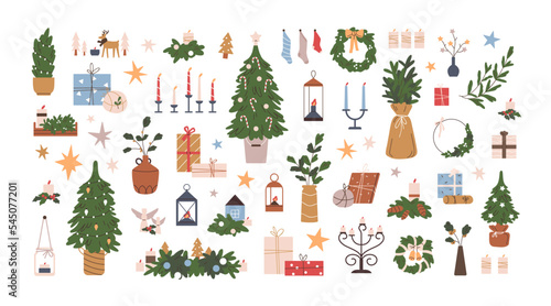 Christmas decorations set. Winter holiday elements, stuff bundle. Xmas ornaments, decor, fir wreath, festive tree, gift box, candles and socks. Flat vector illustrations isolated on white background