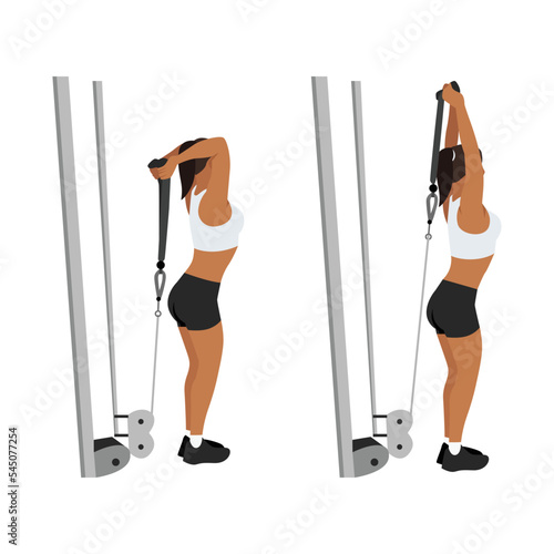 Woman doing cable rope overhead triceps extensions flat vector illustration isolated on white background