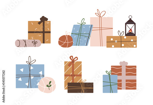 Holiday gift boxes set. Presents packages wrapped in festive paper wrapping with tied bow, ribbon, twine string, different shape, size. Flat vector illustrations isolated on white background