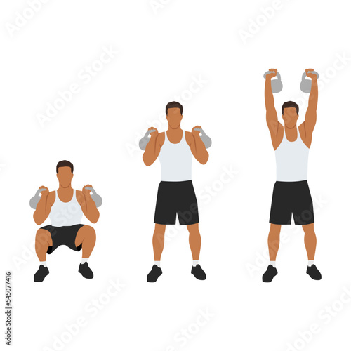 Man doing kettlebell thruster or squat to clean to overhead press exercise. Flat vector illustration isolated on white background