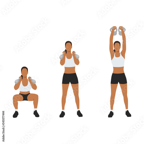 Woman doing kettlebell thruster or squat to clean to overhead press exercise. Flat vector illustration isolated on white background