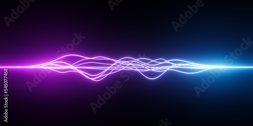 Bright glowing blue purple neon abstract wireframe sound waves, visualization of frequency signals audio wavelengths, conceptual futuristic technology waveform background with copy space for text photo