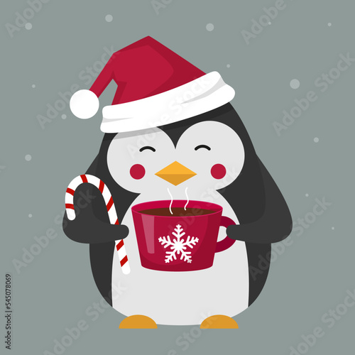 christmas character penguin in a hat with a cup of hot cocoa and a lollipop in his paws