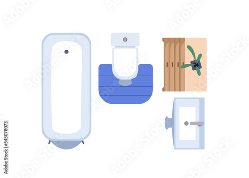Bathroom furniture overhead. Bath room, WC interior layout with tub, sink, loo flush. Home washroom, toilet, lavatory, closet above top view. Flat vector illustration isolated on white background