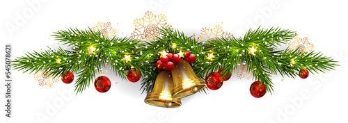 Christmas garland, golden shiny bells, fir-tree branch, design element. photo
