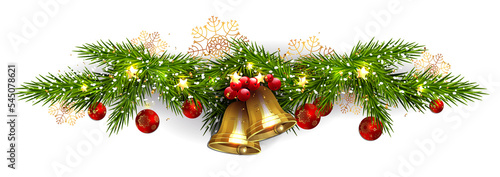 Christmas garland, golden shiny bells, fir-tree branch, design element.