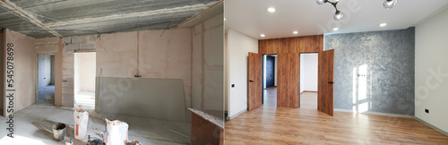 Comparison of old room with building tools and new renovated room. Photo collage of apartment before and after restoration. Concept of home renovation.