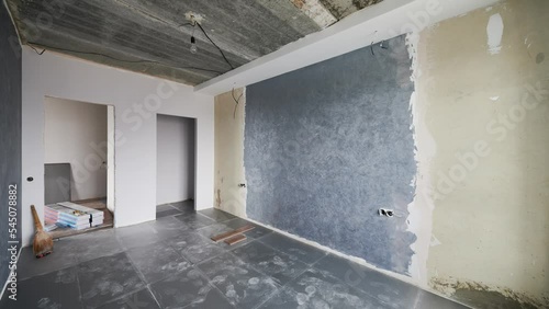 Home renovation before and after with stylish design in condominium, living room as concept of remodeling and reconstruction with professional materias