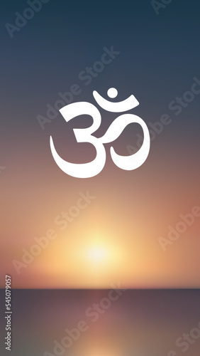 Abstract aerial vertical view of sun rise gradient mesh over ocean with chakra om icon. Nothing but sunset ombre blue sky and water. Beautiful summer serene scene. Vector illustration