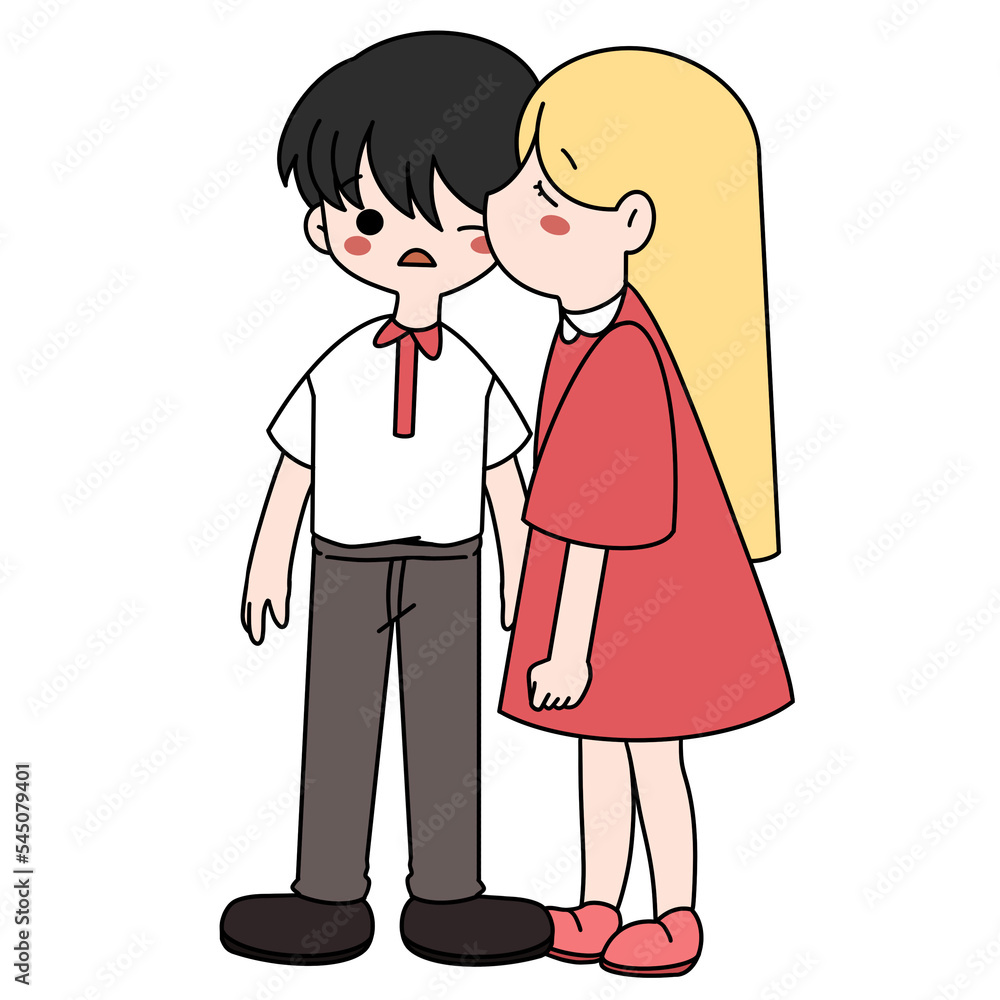 woman kissing cheek boy pencil color illustration.